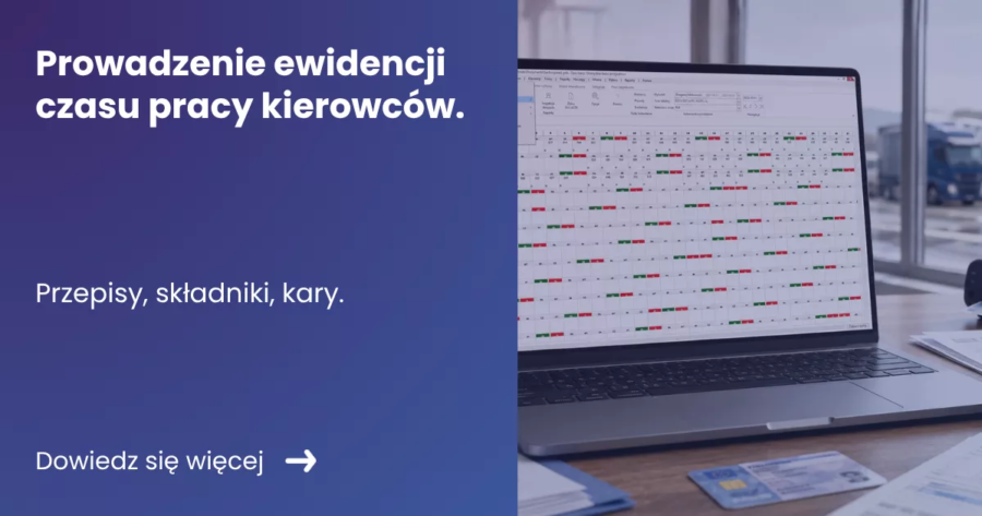 prowadzenie-ewidencji-czasu-pracy-kierowcow-6a479b45e2d1c Grafika prezentująca z lewej strony tytuł artykułu: Prowadzenie ewidencji czasu pracy kierowców. Z prawej zdjęcie laptopa na biurku z otwartym oknem programu Tachospeed Expert