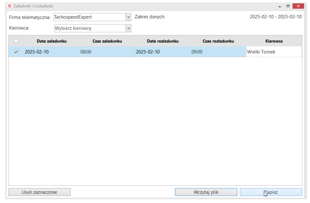 zaladunki rozladunki zapisz tachospeed 67bc4ed2a590e, czas pracy kierowcy, program do rozliczania kierowców
