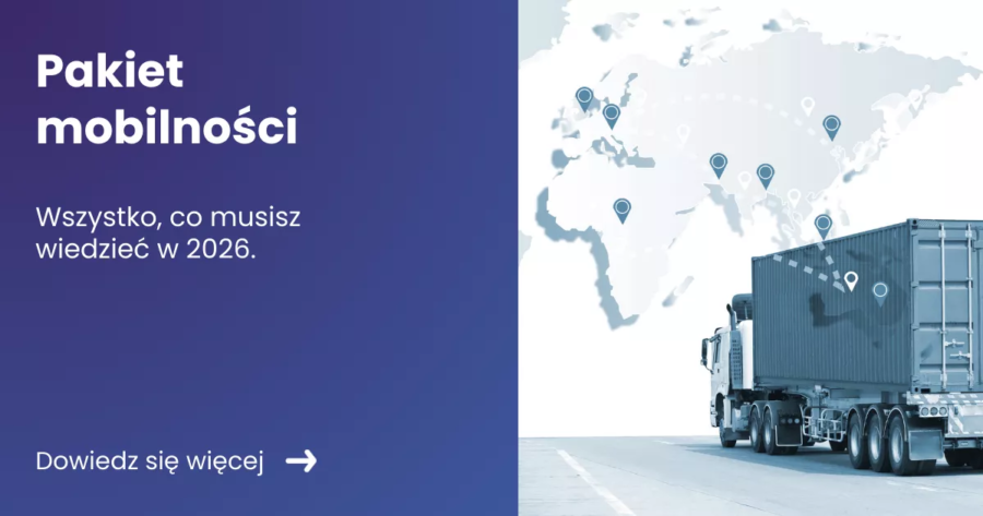 grafika prezentująca z lewej strony tytuł artykułu pakiet mobilności z prawej grafika ciężarówki na tyle mapy Europy