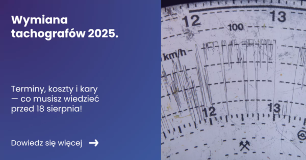 banner z tekstem z lewej strony wymiana tachografów 2025 oraz zdjęciem tarczki z prawej
