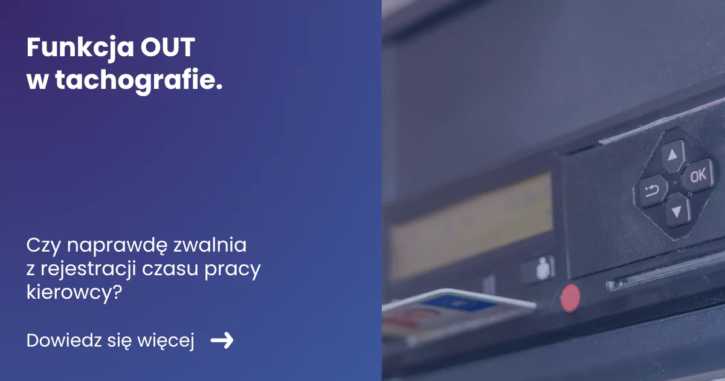 banner z lewej strony zawierajacy tytuł artykułu: Funkcja out w tachografie. Z prawej zdjęcie tachografu w ciężarówce