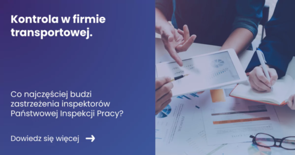 banner zawierający z lewej strony tytuł artykułu kontrola w firmie transportowej. Z prawej zdjęcie dokumentacji w rękach specjalistów