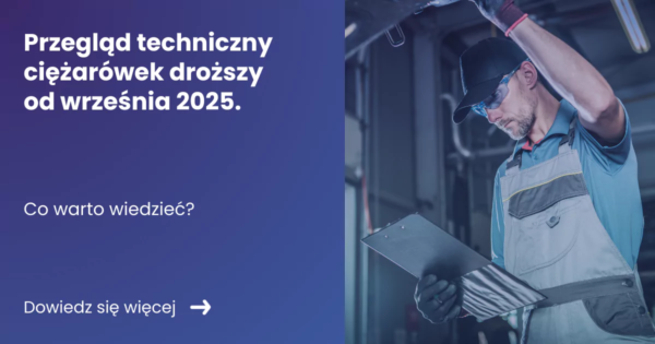 banner z lewej strony zawiera tytuł artykułu przegląd techniczny ciężarówek z prawej strony zdjęcie przedstawiające mechanika na stacji kontroli pojazdów
