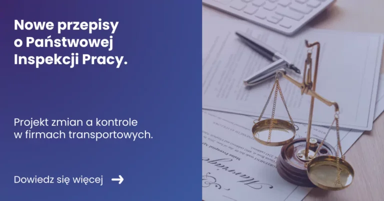 Banner prezentujący z lewej strony tytuł artykułu: Nowe przepisy o Państwowej Inspekcji Pracy z prawej zdjęcie wagi sprawiedliwości ułożonej na dokmentach