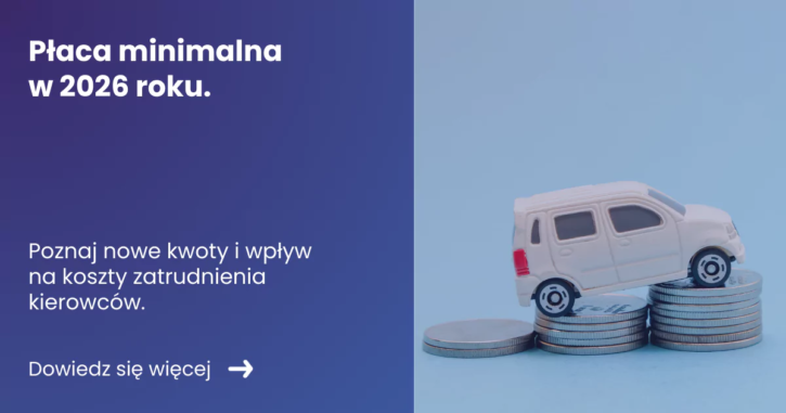 placa-minimalna-w-2026-1 Grafika z lewej strony prezentująca tytuł artykułu: Płaca minimalna w 2026 z prawej zdjęcie miniaturki pojazdu na stosie monet.