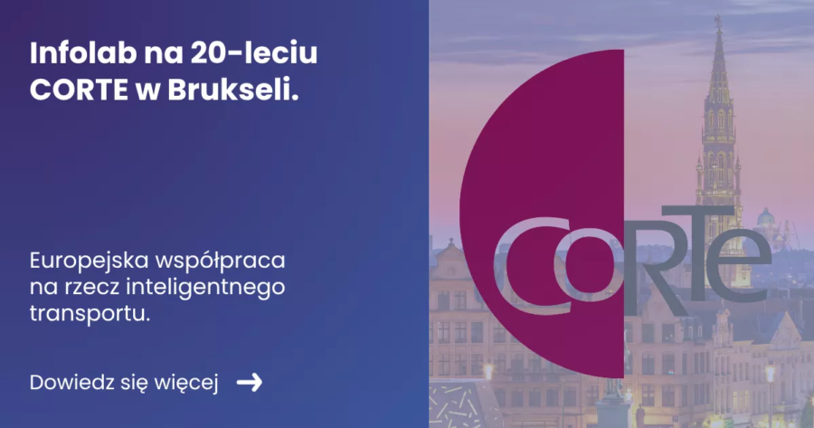 Grafika przedstawiająca z lewej strony tytuł artykułu Infolab na 20-leciu CORTE z prawej strony zdjęcie Brukseli a na jej tle logo CORTE