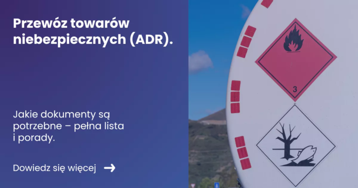 Grafika prezentująca z lewej strony tytuł artykułu: Przewóz towarów niebezpiecznych ADR z prawej strony zdjęcie cysterny z oznakowaniem ADR