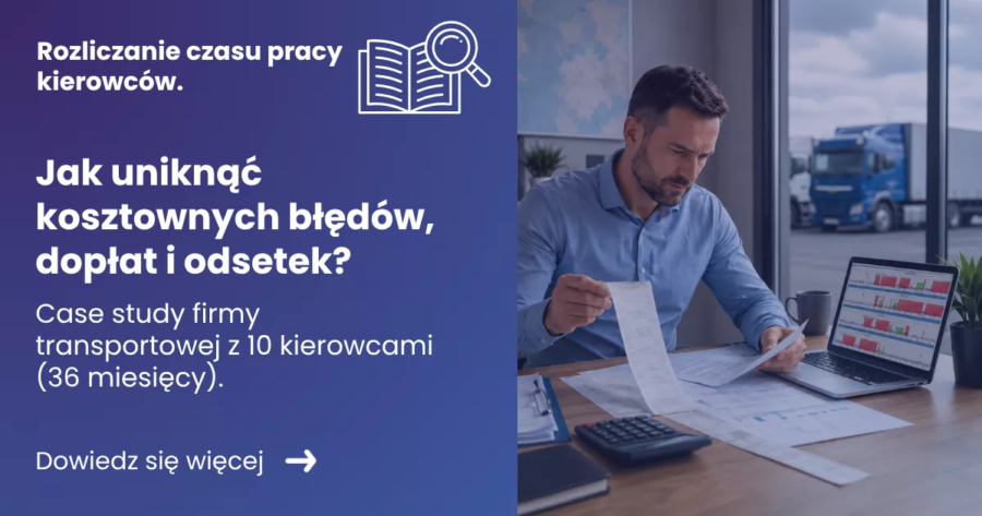 rozliczanie-czasu-pracy-kierowcow Grafika prezentująca z lewej strony tytuł artykułu: Rozliczanie czasu pracy kierowców - case study. Z prawej zdjęcie człowieka rozliczającego czas pracy kierowcy, który siedzi przy biurku z otwartym laptopem a w nim program Tachospeed Expert