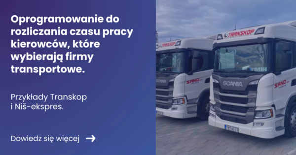 jakie-oprogramowanie-do-rozliczania-czasu-pracy-kierowcow-wybieraja-firmy-transportowe-1 Grafika prezentująca z lewej strony tytuł artykułu Oprogramowanie do rozliczania czasu pracy kierowców. Z prawej zdjęcie ciężarówek
