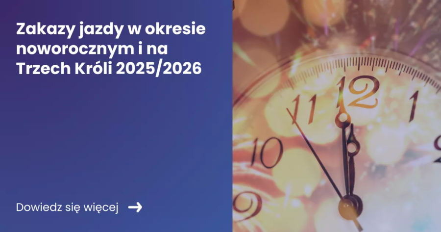 zakazy-jazdy-w-okresie-noworocznym-i-na-trzech-kroli-20252026 Grafika prezentująca z lewej strony tytuł artykułu Zakazy jazdy w okresie noworocznym, z prawej zdjęcie prezentujące zegar odliczający północ