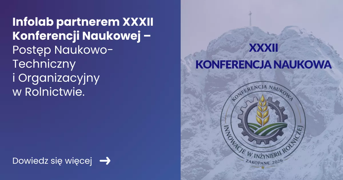 Grafika prezentująca z lewej strony tytuł Infolab partnerem XXXII konferencji naukowej. Z prawej zdjęcie ze strony organizatora