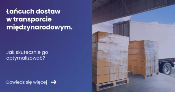 Grafika prezentująca z lewej strony tytuł artykułu: Łańcuch dostaw w transporcie z prawej strony zdjęcie rampy na której stoją palety z towarem załadunek do ciężarówki.