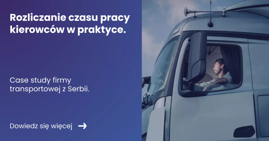 rozliczanie-czasu-pracy-kierowcow-w-praktyce Grafika prezentująca z lewej strony tytuł artykułu: Rozliczanie czasu pracy kierowców w praktyce. Z prawej strony zdjęcie kierowcy w kabinie samochodu ciężarowego