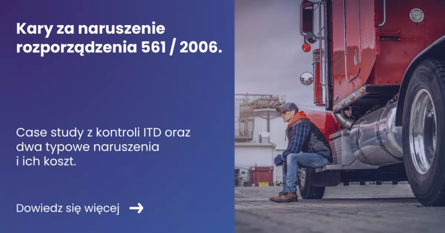 kary-za-naruszenie-rozporzadzenia-561-2006 Grafika prezentująca z lewej strony tytuł: Kary za naruszenie rozporządzenia 561, Z prawej zdjęcie kierowcy ciężarówki