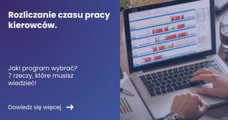 Grafika prezentująca z lewej strony tytuł artykułu: Rozliczanie czasu pracy kierowcy - jaki program wybrać. Z prawej zdjęcie laptopa na którym wyświetla się program Tachospeed Expert