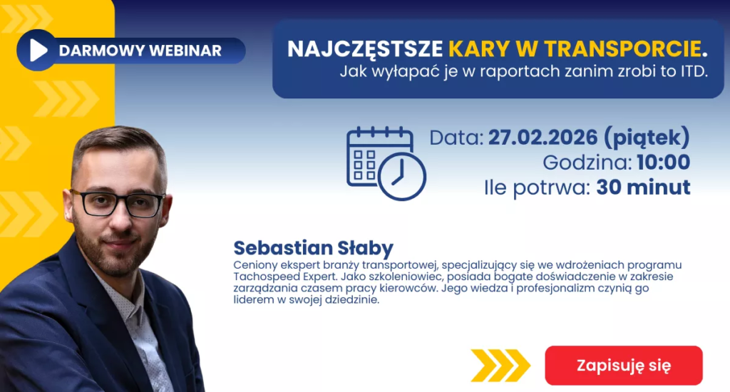 grafika prezentująca zaproszenie na darmowy webinar o temacie: Najczęstsze kary w transporcie.