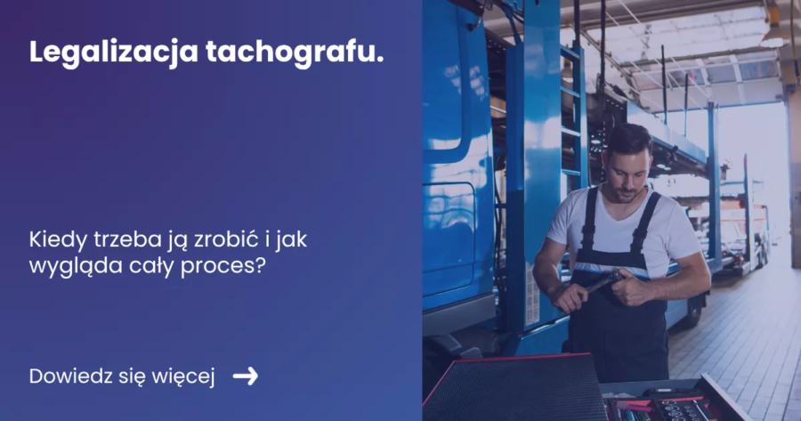 legalizacja-tachografu Grafika prezentująca z lewej strony tytuł artykułu: Legalizacja tachografu. Z prawej zdjęcie przedstawiające mechanika w warsztacie