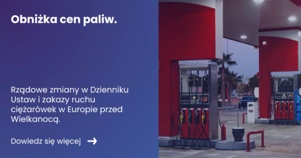 Grafika przedstawiająca z lewej strony tytuł artykułu: Obniżka cen paliw. Z prawej zdjęcie stacji benzynowej
