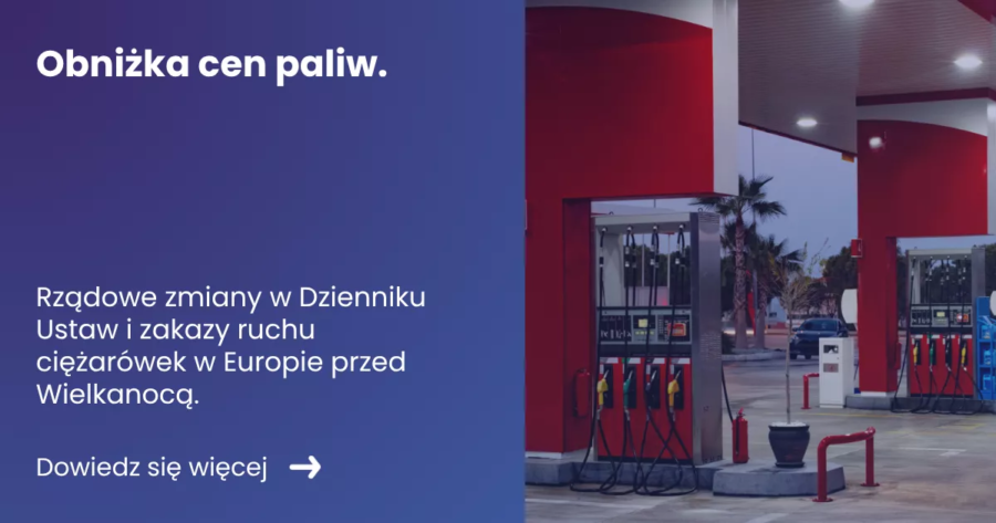 Grafika przedstawiająca z lewej strony tytuł artykułu: Obniżka cen paliw. Z prawej zdjęcie stacji benzynowej