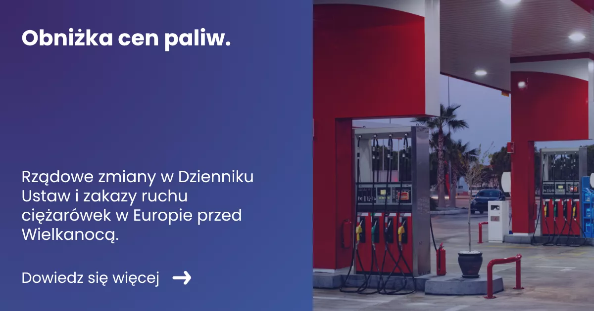 Grafika przedstawiająca z lewej strony tytuł artykułu: Obniżka cen paliw. Z prawej zdjęcie stacji benzynowej