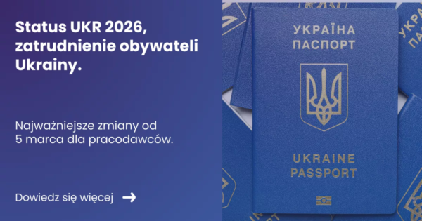 status-ukr-2026-zatrudnienie-obywateli-ukrainy Grafika prezentująca z lewej strony tytuł artykułu: Status UKR 2026, zatrudnienie obywateli Ukrainy. Z prawej zdjęcie ukraińskich paszportów