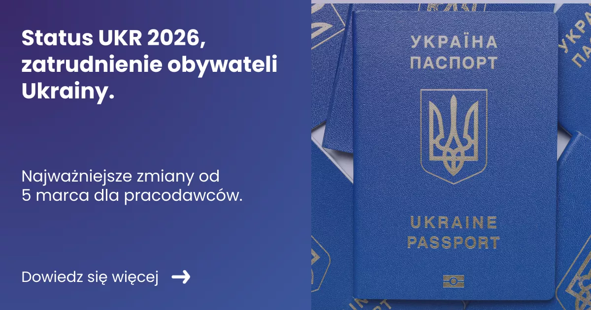 status-ukr-2026-zatrudnienie-obywateli-ukrainy Grafika prezentująca z lewej strony tytuł artykułu: Status UKR 2026, zatrudnienie obywateli Ukrainy. Z prawej zdjęcie ukraińskich paszportów