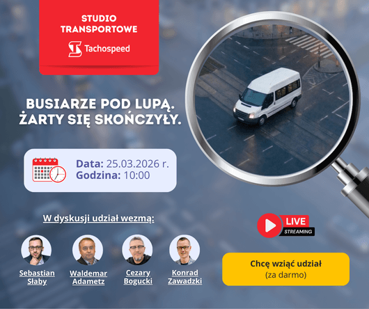 grafika zapraszająca na studio transportowe o tematyce busiarze pod lupą - tachografy w busach