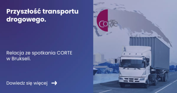 Grafika prezentująca z lewej strony tytuł artykułu: Przyszłość transportu drogowego - relacja spotkania CORTE. Z prawej grafika samochodu ciężarowego na tle mapy.