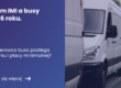 Grafika prezentująca z lewej strony tytuł artykułu: System IMI a busy w 2026 roku. Kiedy kierowca busa podlega zgłoszeniu i płacy minimalnej? Z prawej zdjęcie samochodów typu van