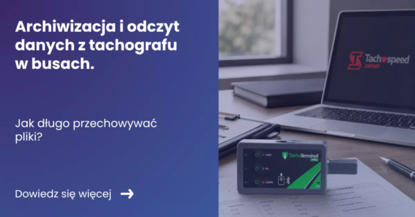 archiwizacja-i-odczyt-danych-z-tachografu-w-busach Grafika prezentująca z lewej strony tytuł artykułu: Archiwizacja i odczyt danych z tachografu w busach. Z prawej grafika produktu TachoTerminal PRO 3 czytnik do sczytywania danych z tachografu na tle laptopa leżącego na biurku
