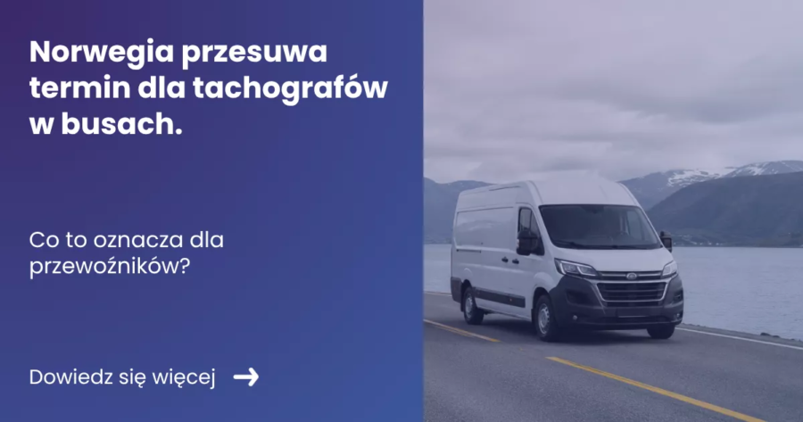 Grafika z lewej strony zawierającej tytuł artykułu: Norwegia przesuwa termin dla tachografów w busach. Co to oznacza dla przewoźników? Z prawej grafika vana na tle norweskich fiordów