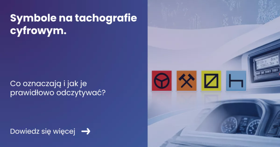 symbole-na-tachografie-cyfrowym Grafika prezentująca z lewej strony tytuł artykułu: Symbole na tachografie cyfrowym. Z prawej grafika przedstawiająca piktogramy występujące w tachografie na tle tachografu cyfrowego
