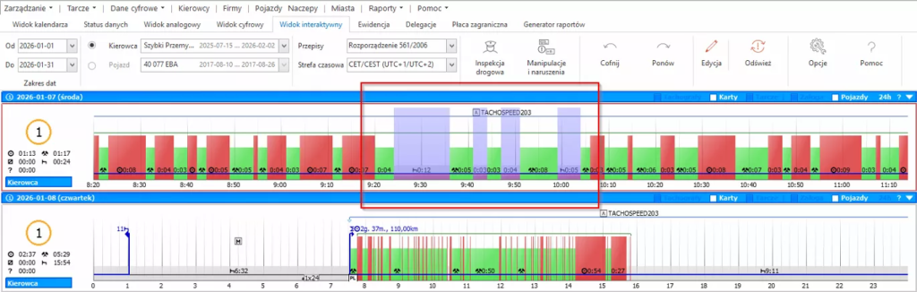 Grafika prezentująca zrzut ekranu z programu Tachospeed Expert z zaznaczonym miejscem zmiany
