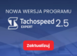 Grafika prezentująca tytuł artykułu: Tachospeed Expert Aktualizacja 2.5 na niebieskim tle z czerwonym przyciskiem zaktualizuj