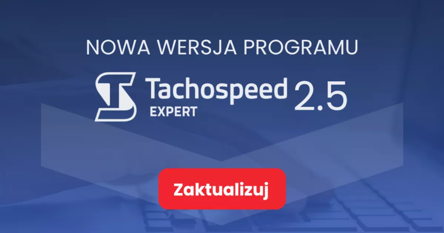 tachospeed-expert-aktualizacja Grafika prezentująca tytuł artykułu: Tachospeed Expert Aktualizacja 2.5 na niebieskim tle z czerwonym przyciskiem zaktualizuj