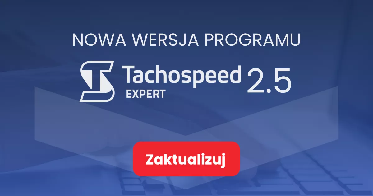 tachospeed-expert-aktualizacja Grafika prezentująca tytuł artykułu: Tachospeed Expert Aktualizacja 2.5 na niebieskim tle z czerwonym przyciskiem zaktualizuj