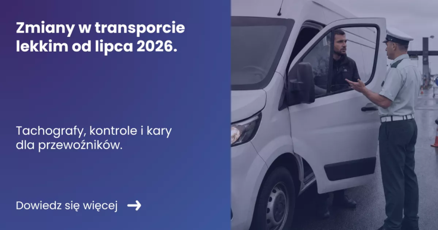 Grafika prezentująca z lewej strony tytuł artykułu: Zmiany w transporcie lekkim od lipca 2026. Z prawej zdjęcie kontroli ITD busa na drodze
