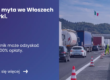 Grafika prezentuje z lewej strony tytuł artykułu: Zwrot myta we Włoszech za korki. Z prawej zdjęcie korka na autostradzie z powodu robót drogowych, znak ostrzegawczy na pierwszym planie.