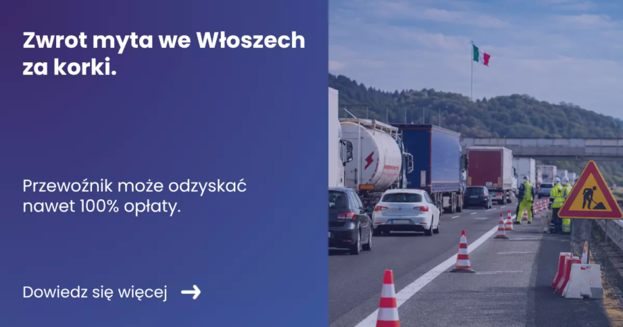 Zwrot myta we Włoszech za korki Grafika prezentuje z lewej strony tytuł artykułu: Zwrot myta we Włoszech za korki. Z prawej zdjęcie korka na autostradzie z powodu robót drogowych, znak ostrzegawczy na pierwszym planie.