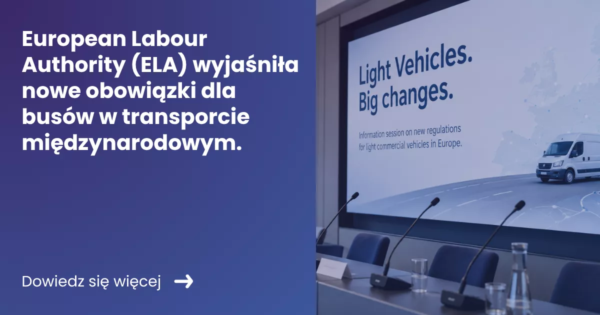 european-labour-authority-ela-wyjasnila-nowe-obowiazki-dla-busow-w-transporcie-miedzynarodowym Grafika prezentująca z lewej strony tytuł artykułu: European Labour Authority (ELA) wyjaśniła nowe obowiązki dla busów w transporcie międzynarodowym z prawej zdjęcie auli wykładowej z mikrofonami i prezentacja w tle.