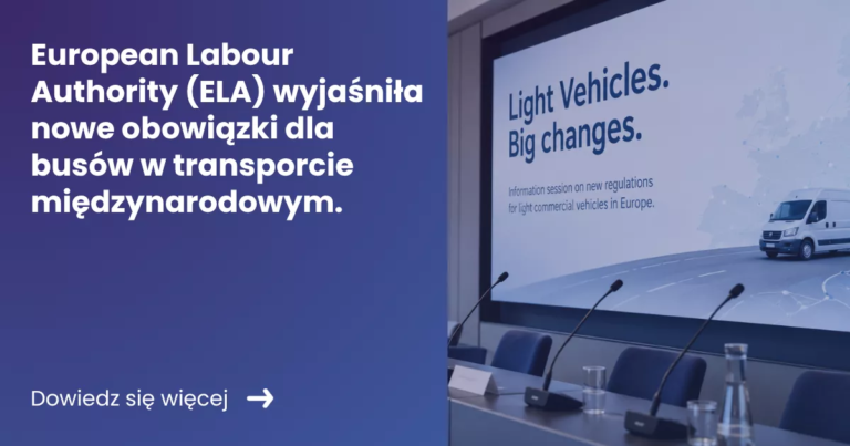 european-labour-authority-ela-wyjasnila-nowe-obowiazki-dla-busow-w-transporcie-miedzynarodowym Grafika prezentująca z lewej strony tytuł artykułu: European Labour Authority (ELA) wyjaśniła nowe obowiązki dla busów w transporcie międzynarodowym z prawej zdjęcie auli wykładowej z mikrofonami i prezentacja w tle.