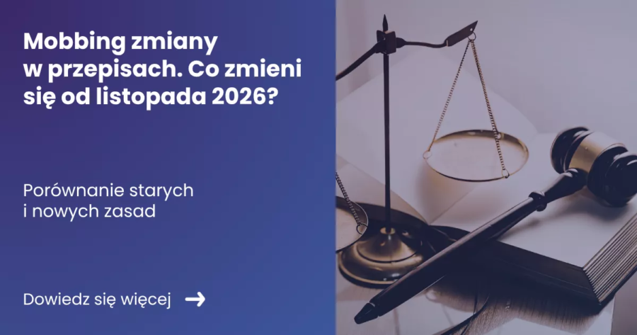 mobbing-zmiany-w-przepisach Grafika prezentująca po lewej stronie tytuł: Mobbing zmiany w przepisach. Co zmieni się od listopada 2026? Po prawej zdjęcie młotka sędziego leżącego na otwartym kodeksie w tle waga