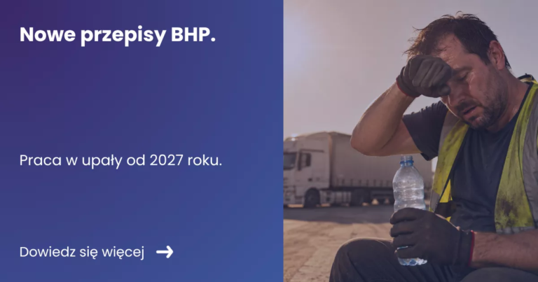 Grafika prezentująca z lewej strony tytuł artykułu: Nowe przepisy BHP. Praca w upały od 2027 roku. Z prawej zdjęcie człowieka pijącego wodę w upalny dzień