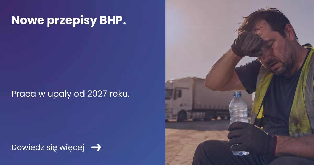 nowe-przepisy-bhp Grafika prezentująca z lewej strony tytuł artykułu: Nowe przepisy BHP. Praca w upały od 2027 roku. Z prawej zdjęcie człowieka pijącego wodę w upalny dzień