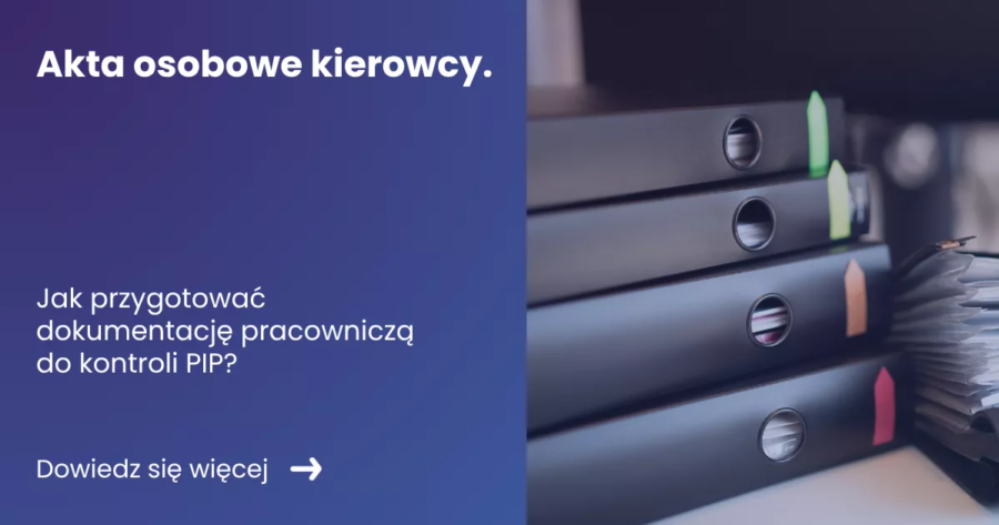 akta-osobowe-kierowcy Grafika prezentujaca z lewej strony tytuł artykułu: Akta osobowe kierowcy. z prawej zdjęcie teczek z dokumentami