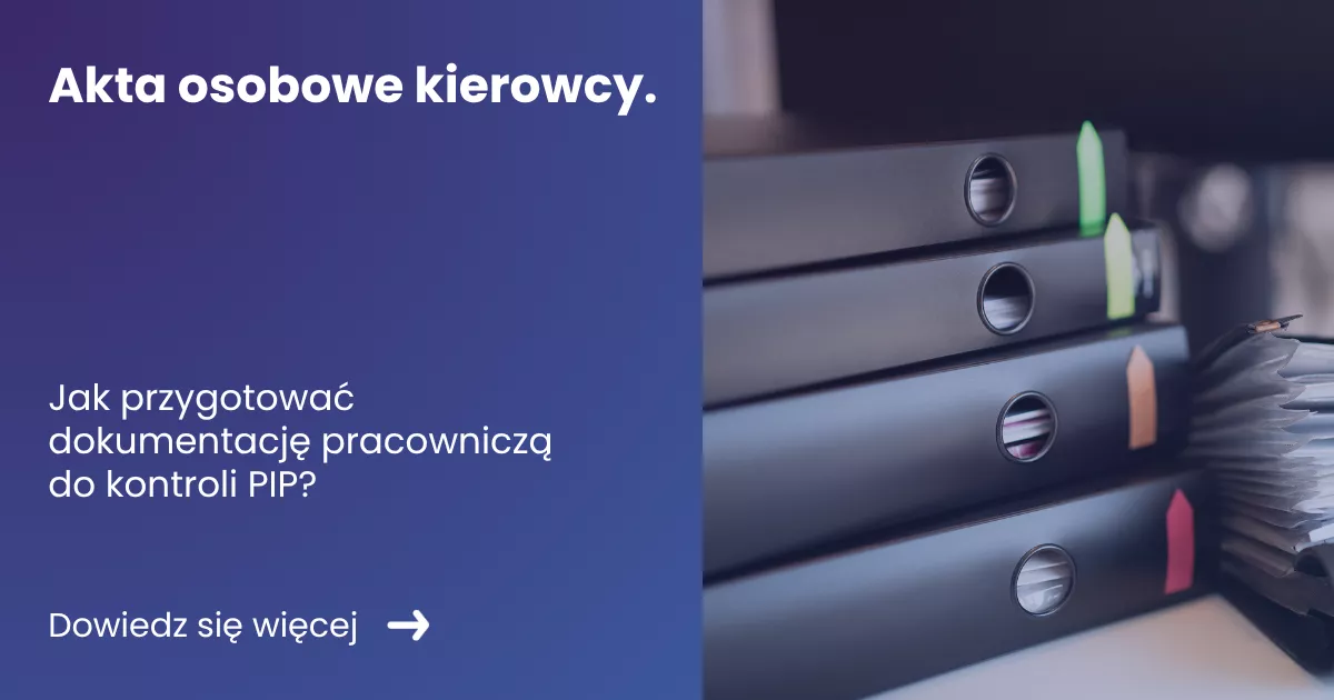 Grafika prezentujaca z lewej strony tytuł artykułu: Akta osobowe kierowcy. z prawej zdjęcie teczek z dokumentami