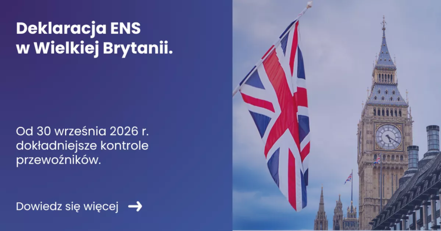 deklaracja-ens-w-wielkiej-brytanii Grafika prezentująca z lewej strony tytuł artykułu: Deklaracja ENS w Wielkiej Brytanii. Od 30 września 2026 r. dokładniejsze kontrole przewoźników. Z prawej zdjęcie flagi wielkiej Brytanii w tle Big Ben