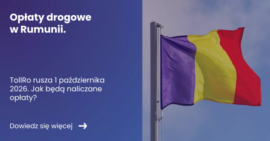 oplaty-drogowe-w-rumunii Grafika prezentująca z lewej strony tytuł artykułu: Opłaty drogowe w Rumunii. TollRo od 1 października? Z prawej zdjęcie flagi Rumunii.